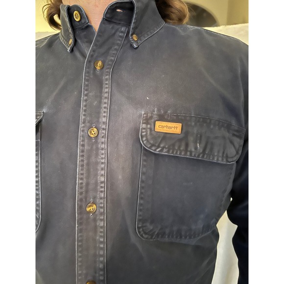 Carhartt Workwear 2 Pocket Logo Navy Long Sleeve Button Up Collar Shirt - Picture 2 of 10